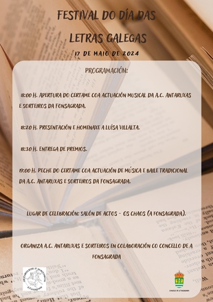 Festival do Día das Letras Galegas o venres 17 de maio no Salón de Actos Municipal dos Chaos