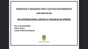 Lectura dun manifiesto o 25 de Novembro Día Internacional para a Eliminación da Violencia contra a Muller
