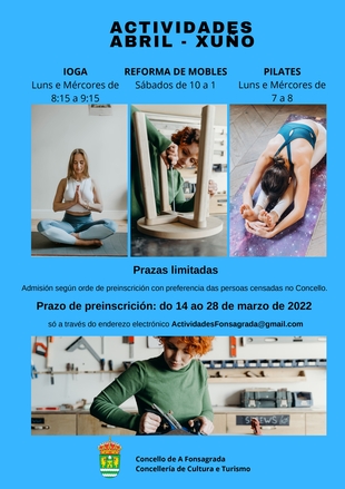 O luns 14 abre o prazo de preinscrición nas actividades de ioga, pilates e reforma de mobles para os meses de abril a xuño 2022